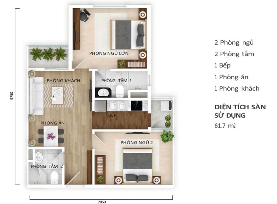 Căn hộ 2 phòng ngủ
